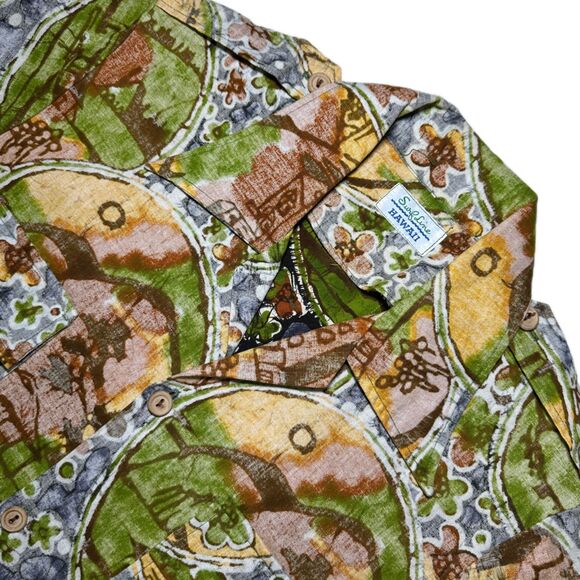 True Vintage 60s Surfline Barkcloth Hawaiian Shirt Sz M w Flap Pockets, Epaulets - Picture 4 of 14